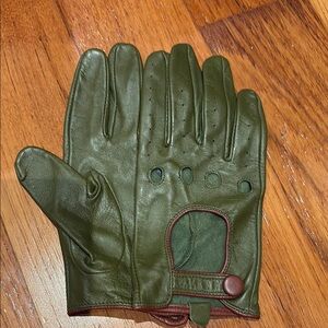 Green 100% Leather Driving Gloves with Perforated Details